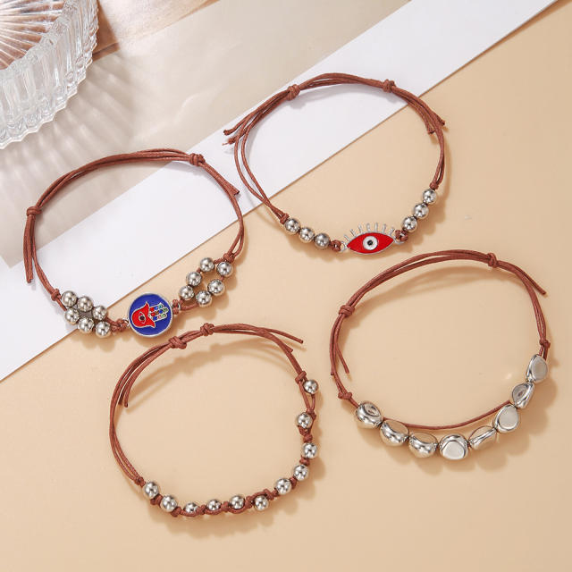 4pcs evil eye silver bead wax rope bracelet set