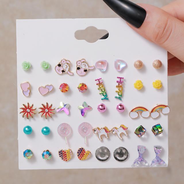 Sweet unicon rainbow small alloy studs earrings set