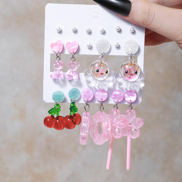 Sweet flower cherry octopus acrylic pink earrings set