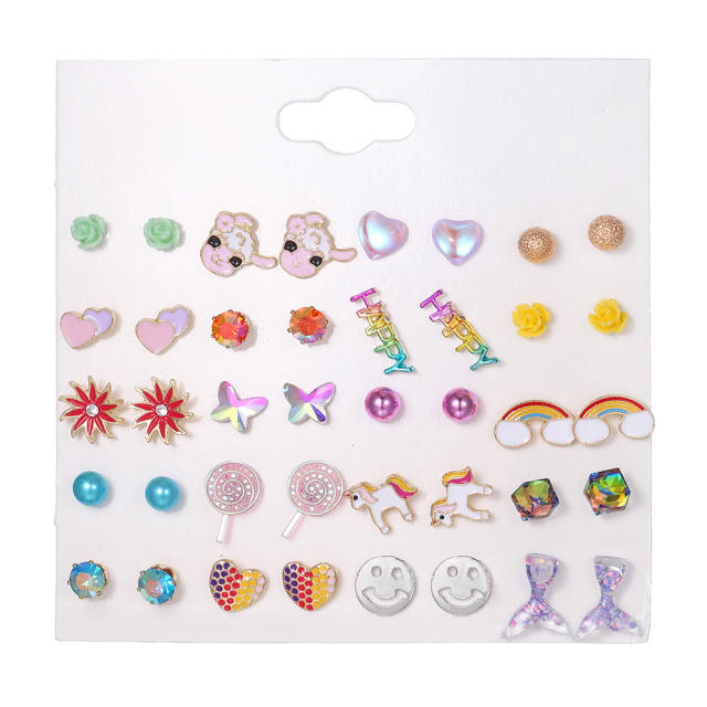 Sweet unicon rainbow small alloy studs earrings set