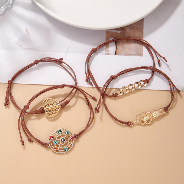 4pcs Vintage boho evil eye heart chain wax rope bracelet set