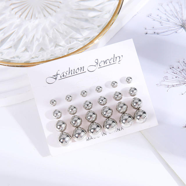 Easy match basic silver frost smooth ball bead studs earring set