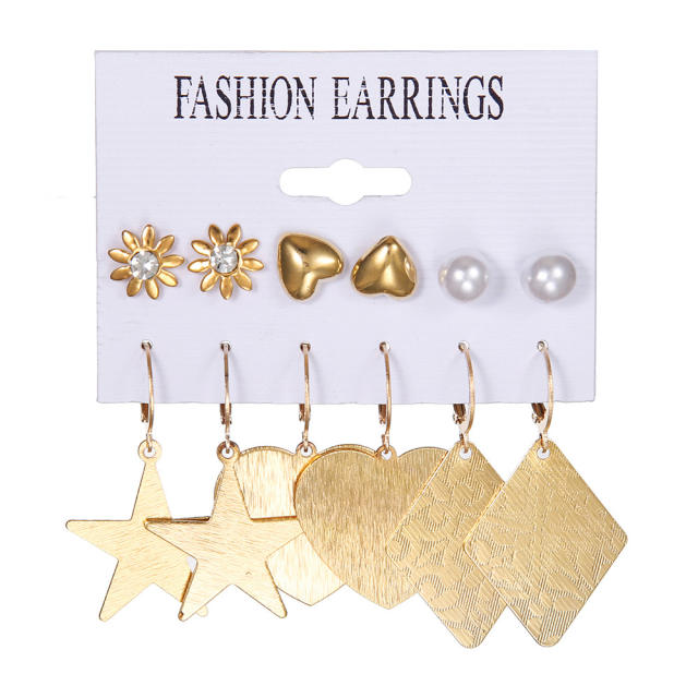 6pair hot sale gold color alloy hollow out leaf heart dangle earring set