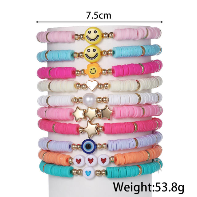 10pcs beach trend color clay bead smail face star bracelet set