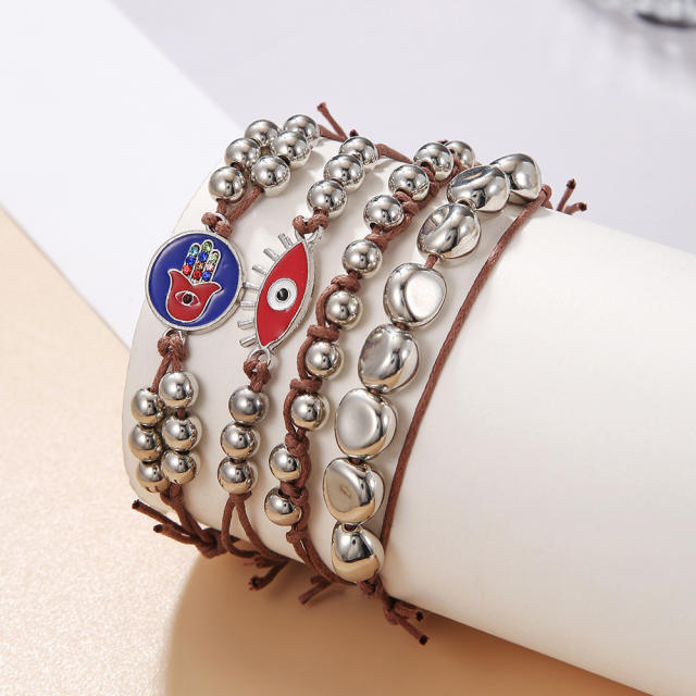 4pcs evil eye silver bead wax rope bracelet set