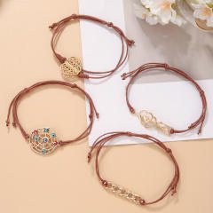 4pcs Vintage boho evil eye heart chain wax rope bracelet set