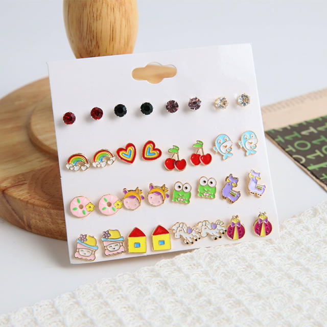 16pair candy color cartoon Frog alloy studs earrings set