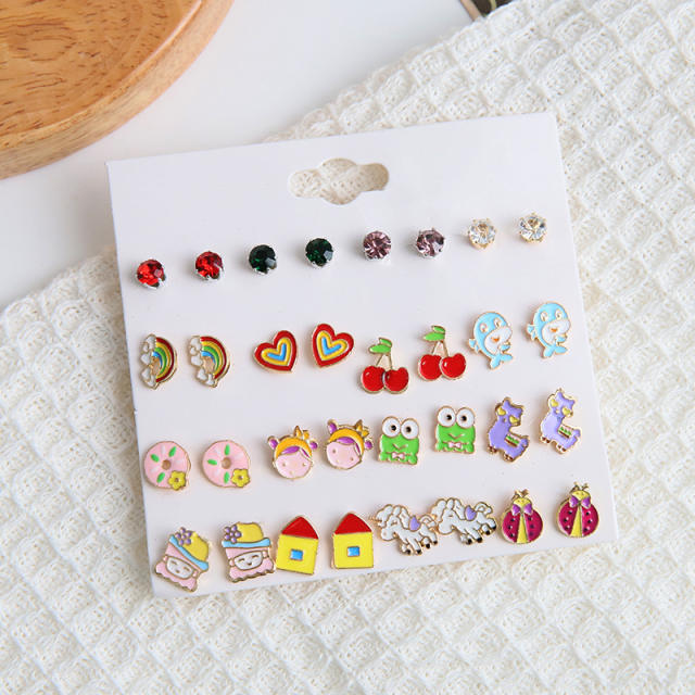16pair candy color cartoon Frog alloy studs earrings set
