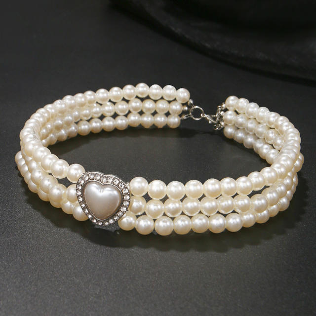 Three layer pearl bead heart pearl women choker necklace