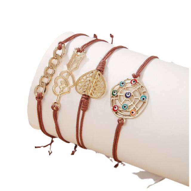 4pcs Vintage boho evil eye heart chain wax rope bracelet set