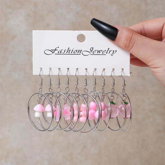 5pair cute pink color duck bear alloy circle dangle earrings set