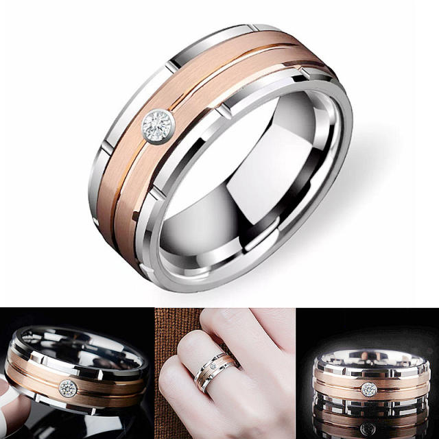 Classic cubic zircon two tone stainless steel rings band for men