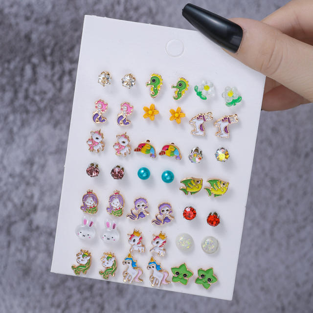 21 pair cute ocean series animal unicorn alloy studs earrings set