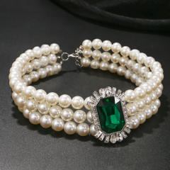 Classic emerald glass crystal pearl strand choker necklace