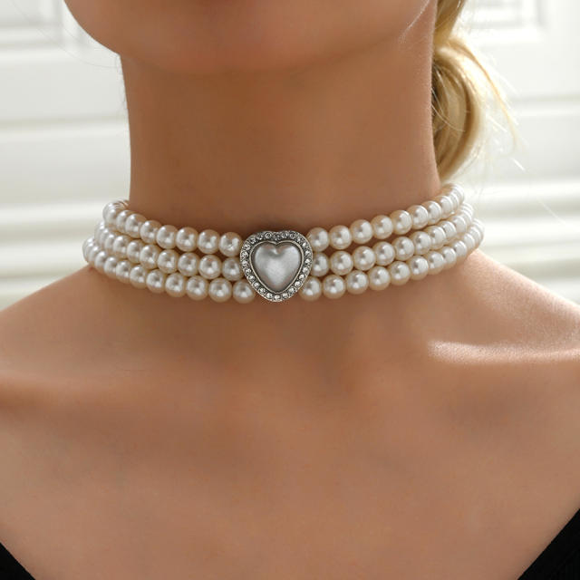 Three layer pearl bead heart pearl women choker necklace