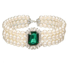 Classic emerald glass crystal pearl strand choker necklace