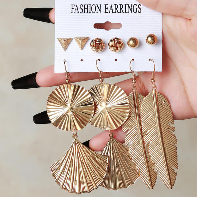 6pair hot sale gold color alloy hollow out leaf heart dangle earring set