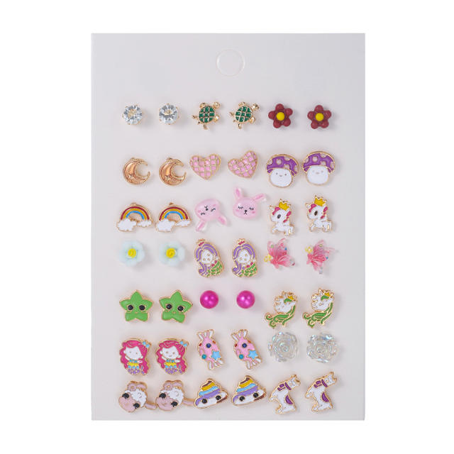 21 pair cute ocean series animal unicorn alloy studs earrings set