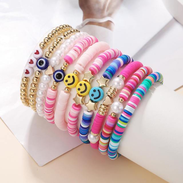 Hot sale colorful clay bead smile face beach bracelet set