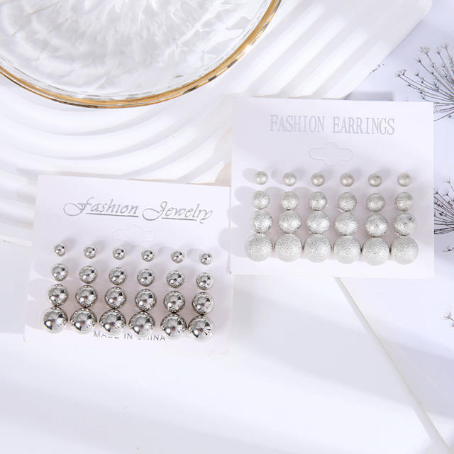 Easy match basic silver frost smooth ball bead studs earring set
