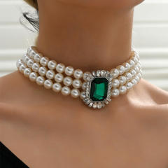 Classic emerald glass crystal pearl strand choker necklace