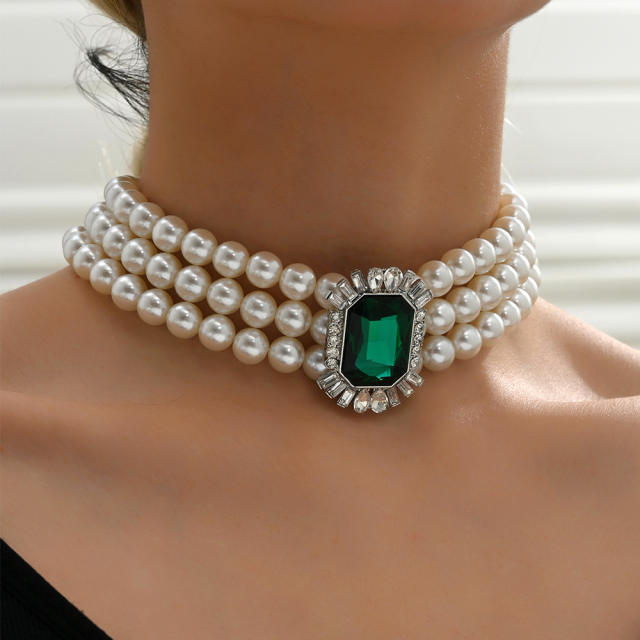 Classic emerald glass crystal pearl strand choker necklace