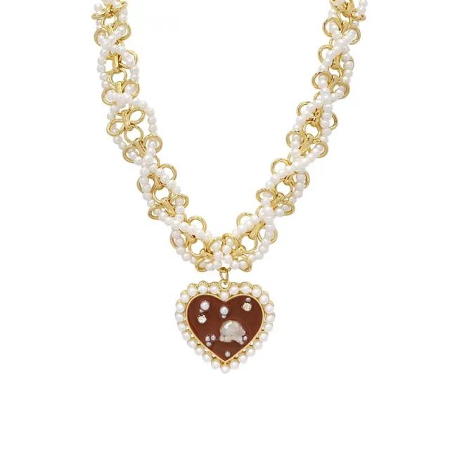 Y2K red heart charm braid pearl bead choker necklace