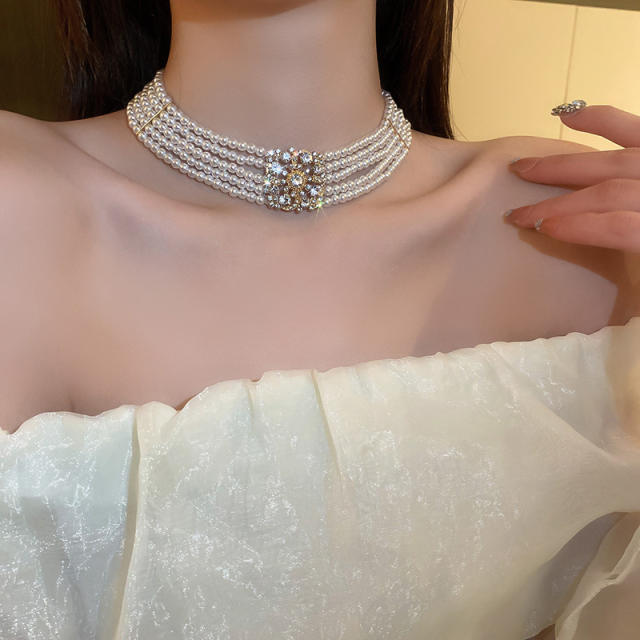 Luxury square shape cubic zircon vintage pearl choker necklace