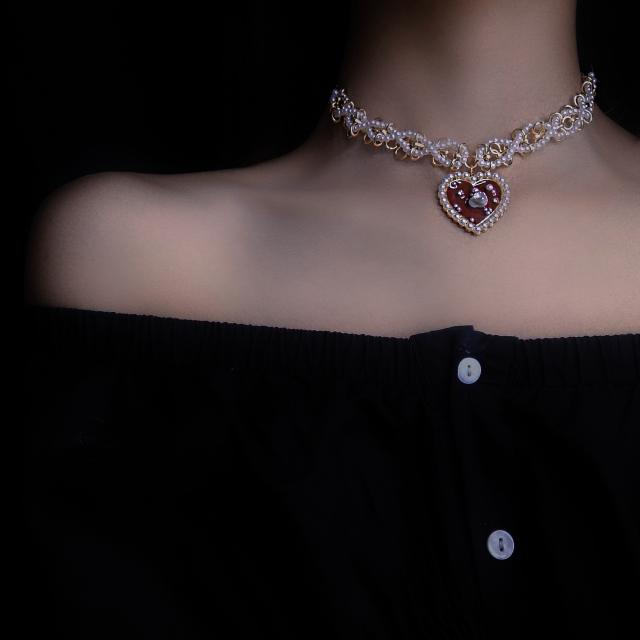 Y2K red heart charm braid pearl bead choker necklace