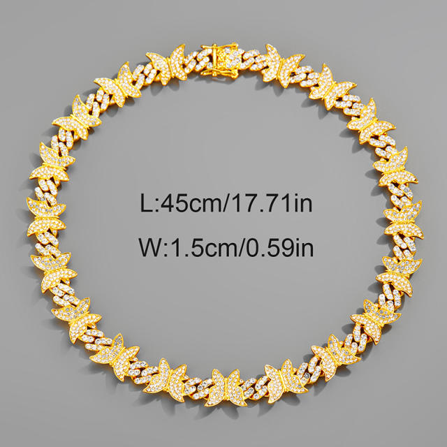 Chunky ice out butterfly cuban link chain necklace bracelet for men