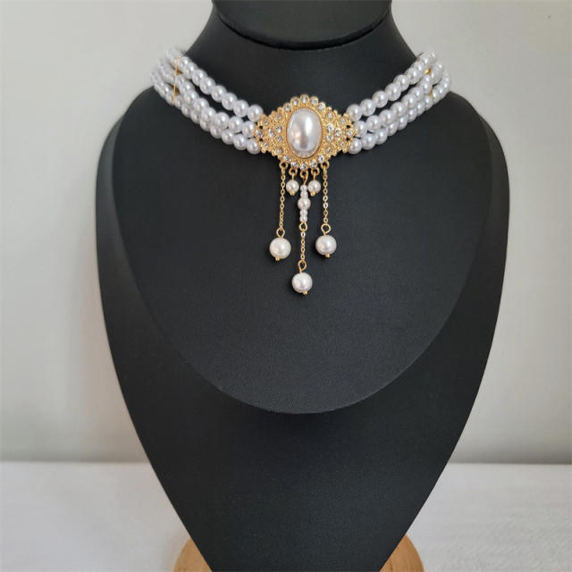 Vintage pearl tassel strand choker necklace