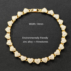 Hiphop diamond heart ice out cuban link chain necklace bracelet set
