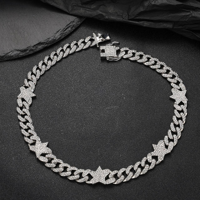 Hiphop ice out cuban link chain star heart choker necklace for men