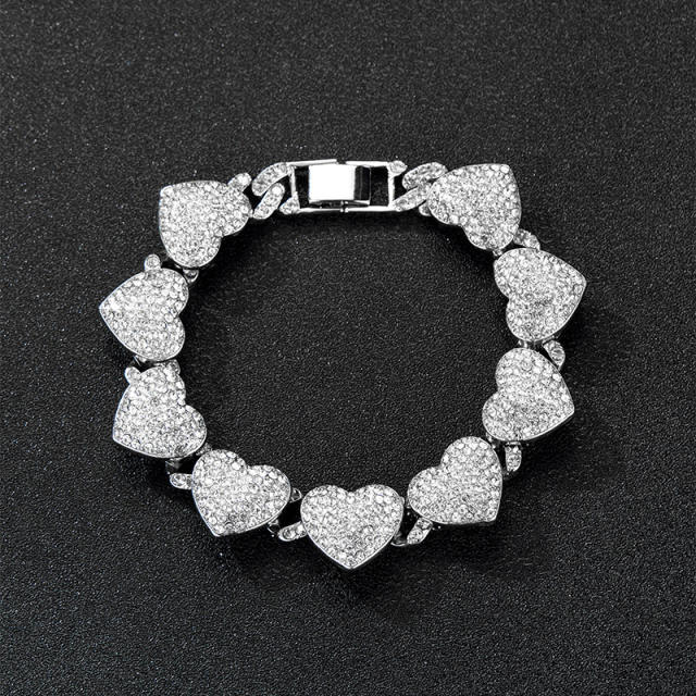 Hiphop diamond heart ice out cuban link chain necklace bracelet set