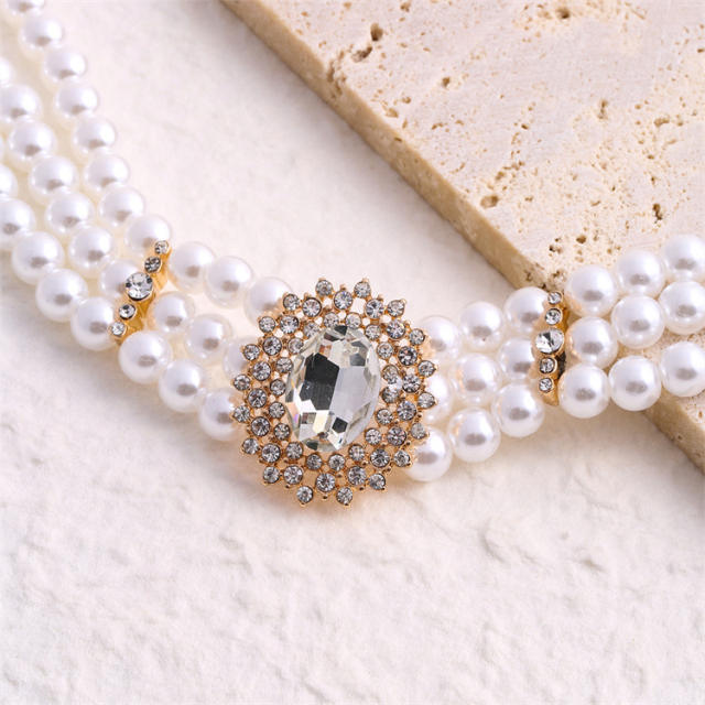 Vintage oval shape cubic zircon pearl strand choker necklace