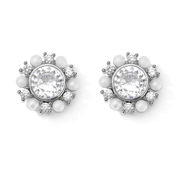 Concise chic round cubic zircon faux pearl bead studs earrings