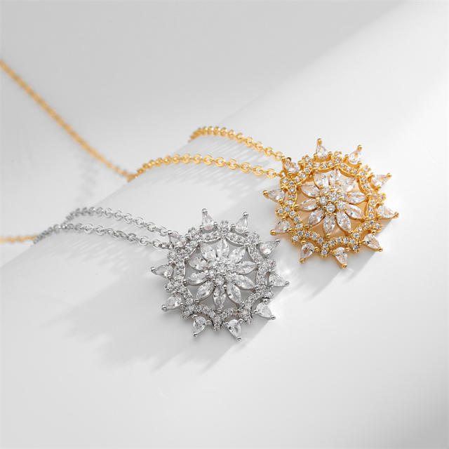 Korean fashion diamond hollow sunflower pendant gold plated copper necklace set