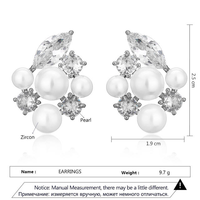 Elegant pearl bead cubic zircon wedding diamond studs earrings