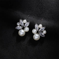 Chic cubic zircon pearl bead women studs earrings