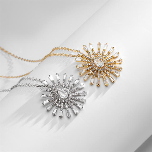 Elegant diamond sunflower pendant gold plated copper necklace set