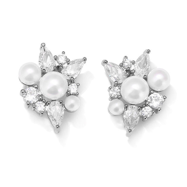 Chic pearl bead cubic zircon copper studs earrings