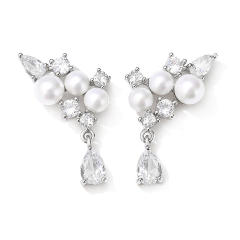 Personality emerald cubic zircon pearl bead copper drop earrings