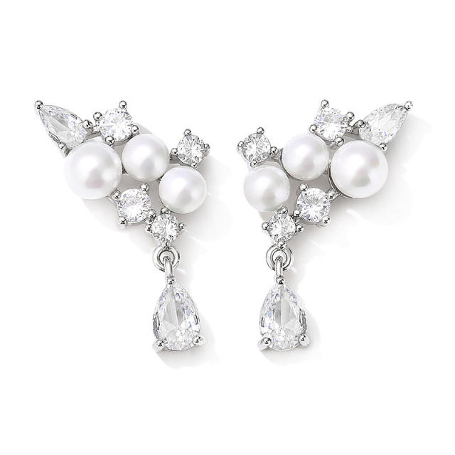 Personality emerald cubic zircon pearl bead copper drop earrings