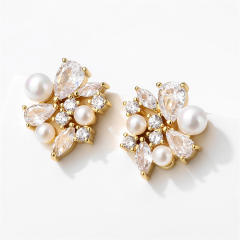 Korean fashion luxury pearl bead cubic zircon copper studs earrings