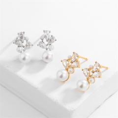 Elegant cubic zircon drop pearl bead earrings
