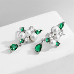 Personality emerald cubic zircon pearl bead copper drop earrings