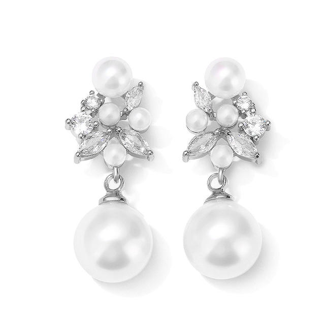 Elegant cubic zircon pearl bead drop wedding earrings