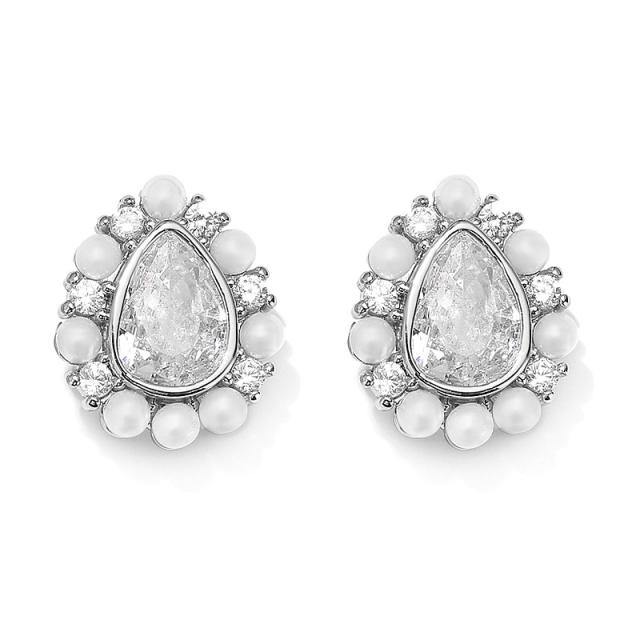 Chic tear drop cubic zircon water pearl bead copper studs earrings