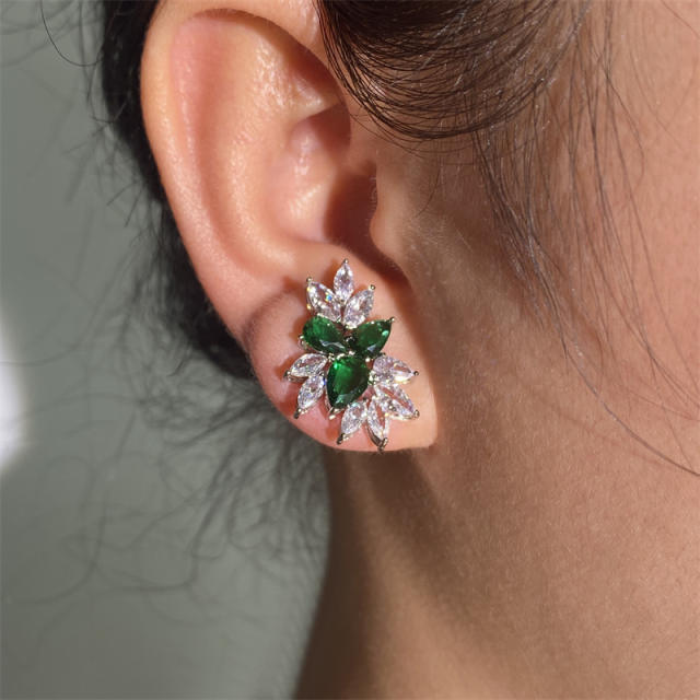 Delicate emerald cubic zircon statement copper studs earrings