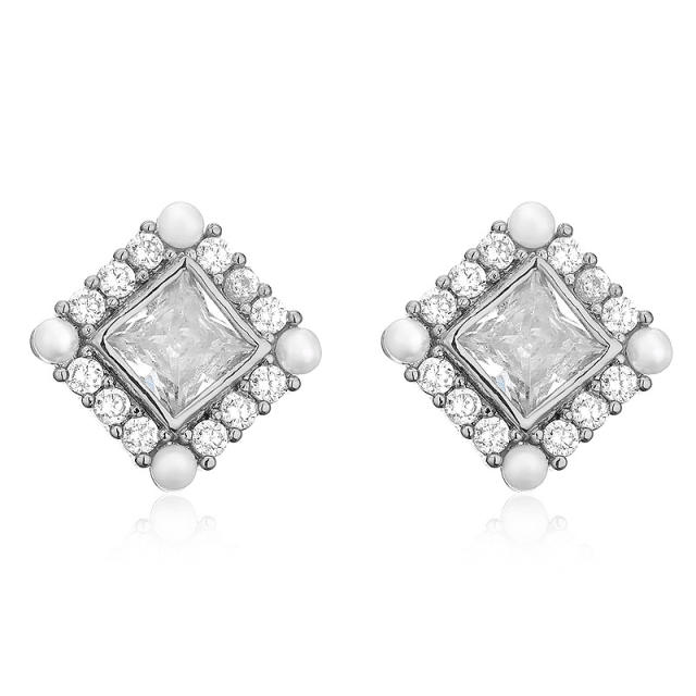 Chic OL easy match square shape cubic zircon pearl bead copper studs earrings
